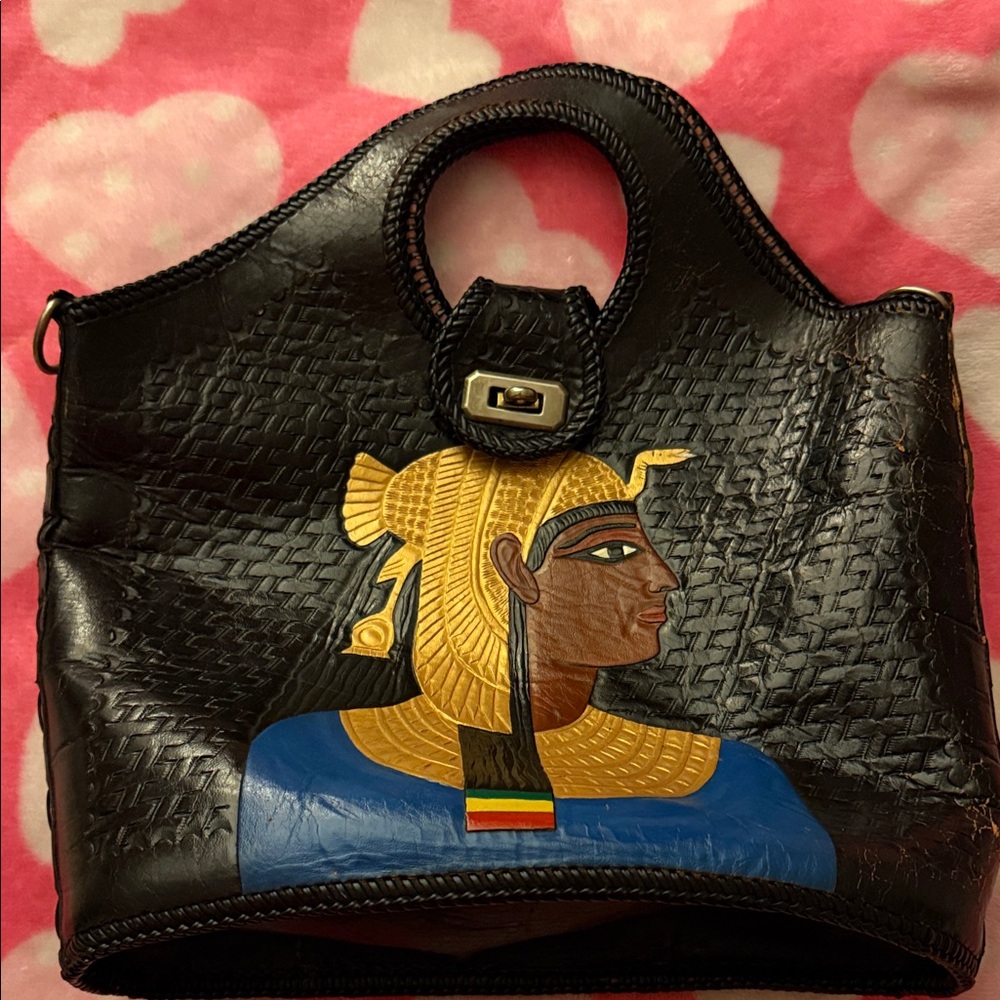 Black Leather Tote with Hand-Painted Egyptian Motif